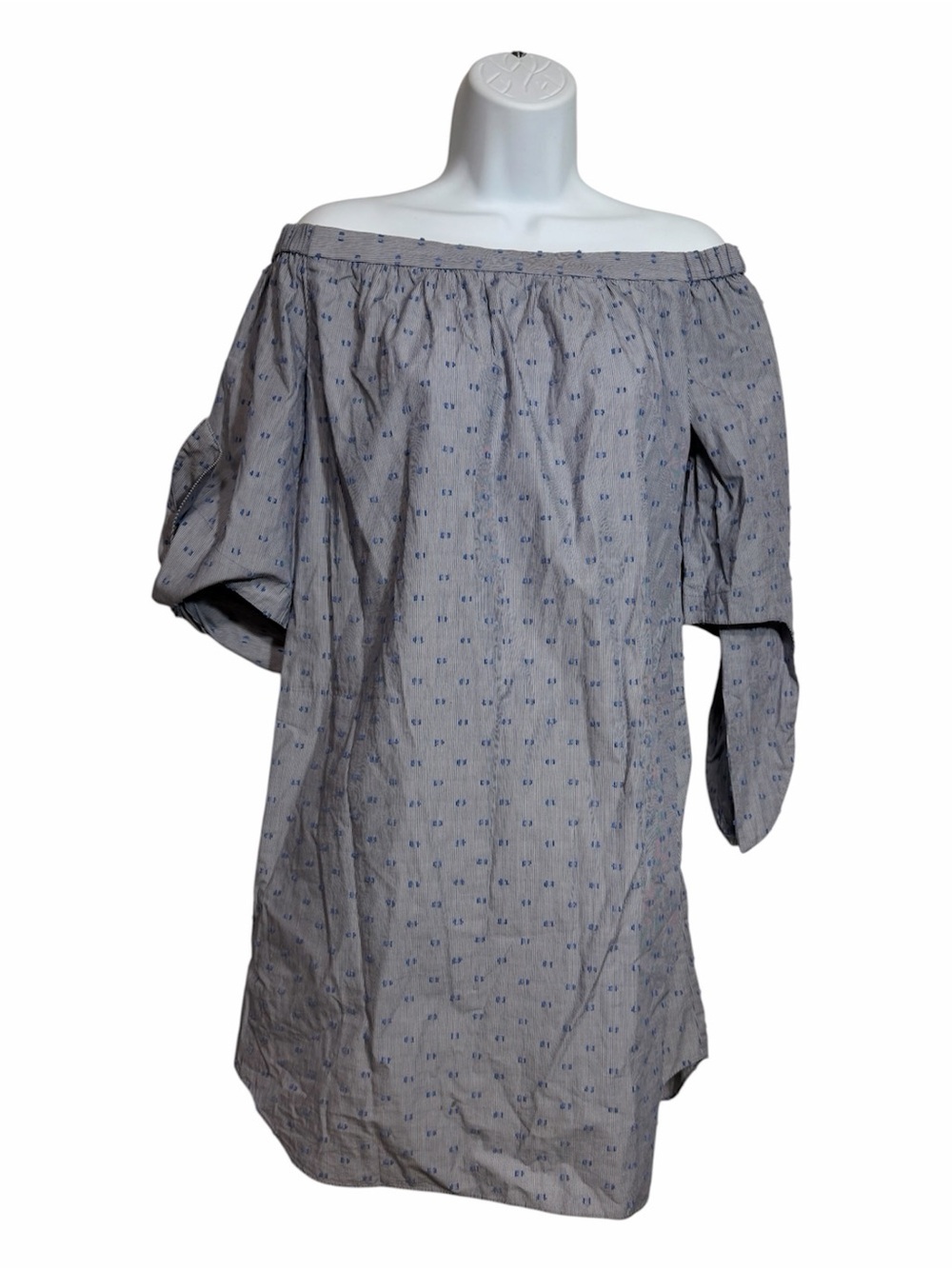 BCBGMaxAzria Off-Shoulder Blue Dot Print Dress Bow Tie Sleeves Size Small Prepy